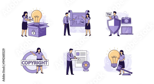 Six illustrations showing intellectual property concepts idea protection blueprints trademark copyright signing and legal judgment
