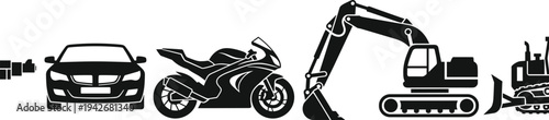 Vehicle silhouettes, car motorcycle excavator bulldozer, heavy machinery icons, transportation design
