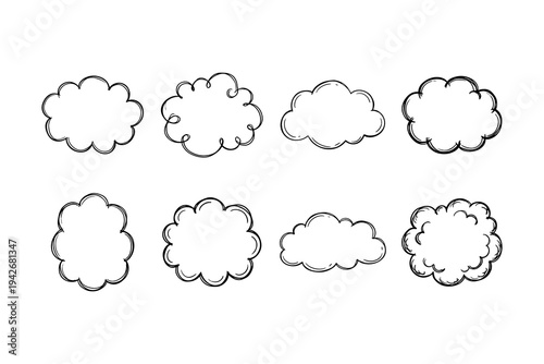 Set of eight hand-drawn cloud shapes with sketchy outlines for design projects