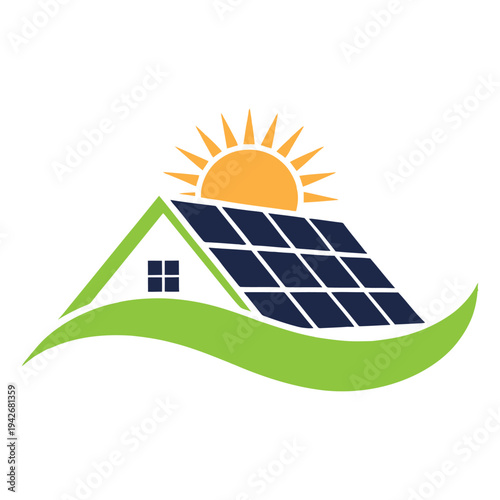 Solar panels installed on a house with a rising sun and green wave symbolizing sustainability