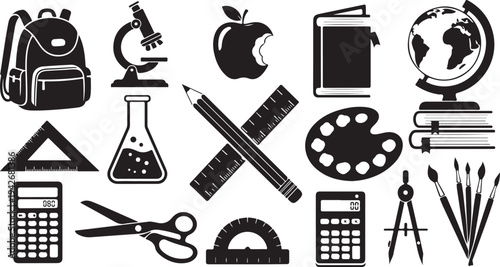 School Supplies and Education Icons in Black and White