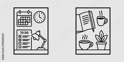 Daily Productivity and Time Management Line Art Illustrations