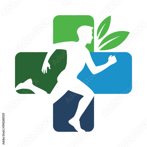 Dynamic figure in motion holding a leaf within a cross-shaped frame