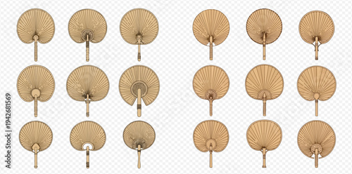 Set of traditional Asian hand fans made from natural woven bamboo material, isolated on a transparent background.