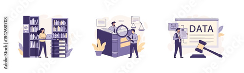 Three vignettes show library research document examination and data law concepts