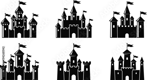 Medieval castle silhouettes, black fortress icons, fantasy architecture, turrets and battlements