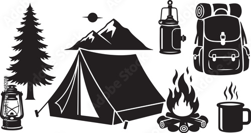 Camping icons and travel equipment in black and white