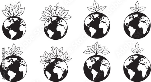 Earth with leaves, eco friendly, green planet concept icons