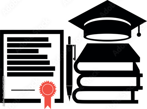 A high-quality 3d vector illustration of a black graduation cap and diploma set on a stack of school books representing a university student graduate and higher education knowledge icon design