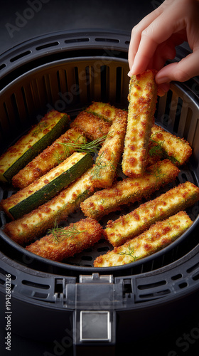 Top-Down Hyper Realistic Air Fryer Zucchini Fries – Hand Pulling Basket with Crispy Lightly Oiled Zucchini Fries