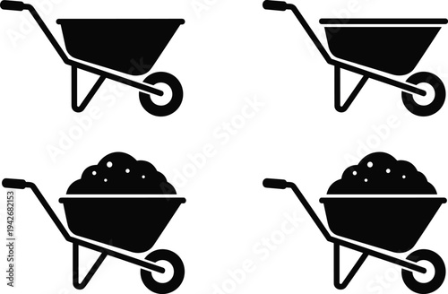 Wheelbarrow silhouettes, construction tools, gardening equipment, empty and loaded carts
