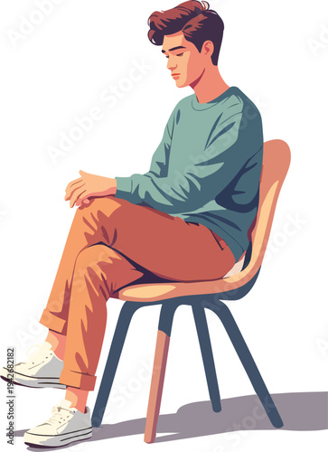 Illustrazione vettoriale di una donna seduta su una sedia con gambe accavallate. Concetto di attesa, relax, conversazione o ambiente lavorativo. Stile moderno ideale per comunicazione, lifestyle e con