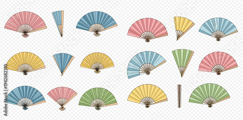 Set of colorful hand fans in various positions, open and closed, in pink, blue, yellow, and green colors.