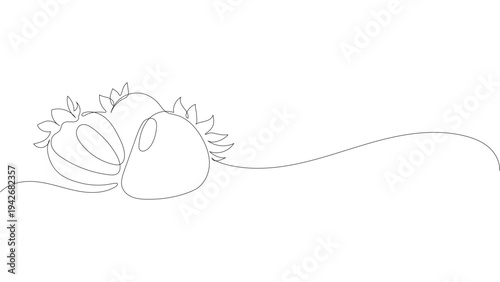 Minimalist Continuous Single Line Art Illustration of Fresh Strawberries with Leaves, Editable stroke