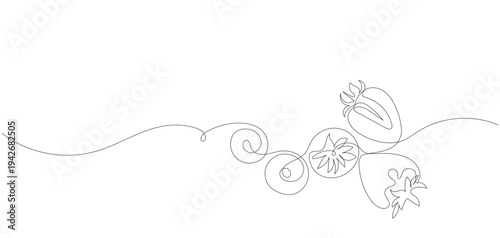 Minimalist Continuous Single Line Art Illustration of Fresh Strawberries with Leaves, Editable stroke