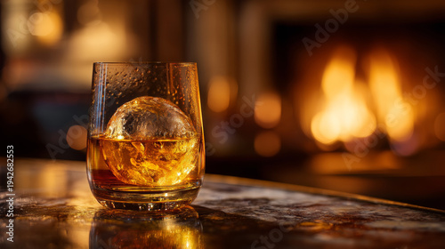 A single glass of premium whiskey with a large spherical ice ball sits on a polished bar counter with a warm glowing fireplace background in a cozy setting