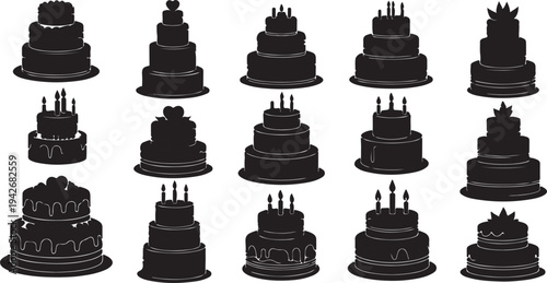 Children holding birthday cake silhouette set, kids celebrating party moments in black vector illustration for birthday, celebration, childhood, event and festive concepts