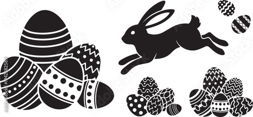 Easter bunny and decorated eggs in black and white