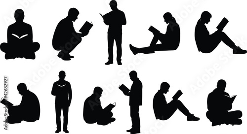 Silhouette people reading books illustration, casual reading poses artwork, educational lifestyle design, black and white reader concept, literature activity image