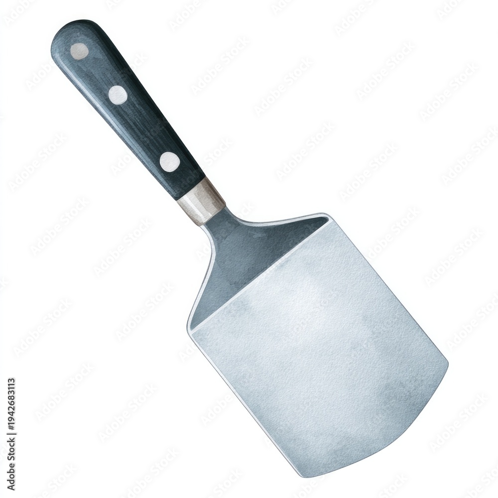 Fototapeta premium Watercolour cartoon clipart of metal spatula isolated on white background for kitchen design
