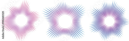 Sound equalizer icons with lines and dots, gradient neon circular sound wave frames, abstract radial music icons.