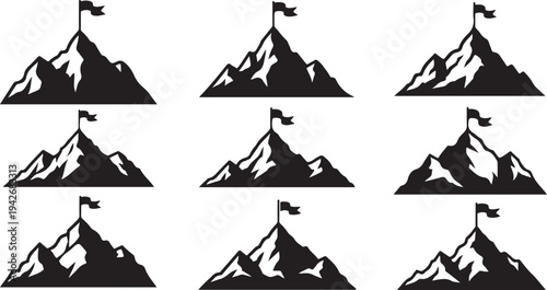 Mountain Peaks with Flags Illustration Set in Black and White