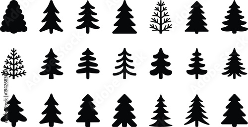 Assortment of Black Silhouette Christmas Trees and Pine Branches Arranged in Rows pine tree fir tree