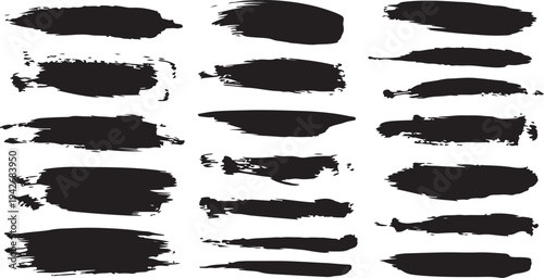 A set of dense, textured black ink brush strokes featuring heavy pigment and dry, feathered edges.