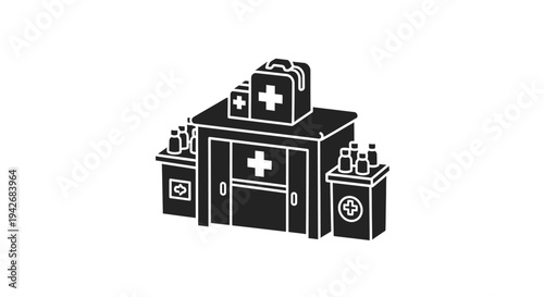 Medical clinic building with first aid kits and medicine bottles