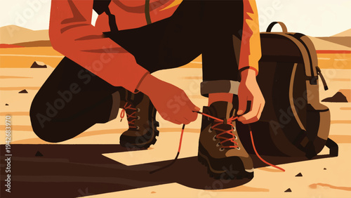 Illustration Of An Adventurer Tying Shoelaces Vector Design Template