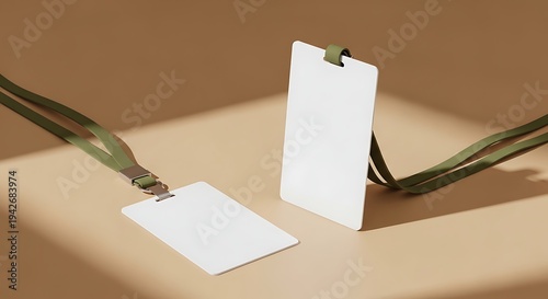 Blank white ID badges with green lanyards on a beige surface, mockup.
