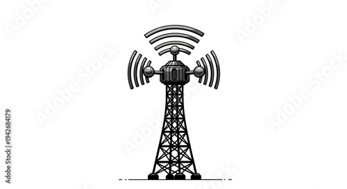 Radio tower illustration transmitting signals with waves on a white background
