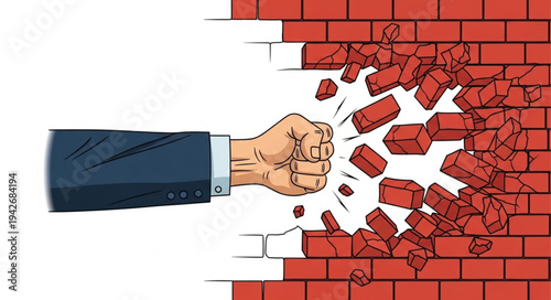 Fist Breaking Through Red Brick Wall.