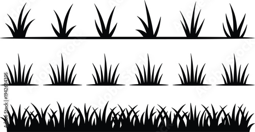 Collection of Black Silhouette Grass Borders in Three Rows on a White Background edge line