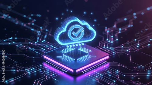 Verified Cloud Computing Icon on Processor Chip for Secure Cloud Storage, SaaS Compliance, and Trusted Data Infrastructure