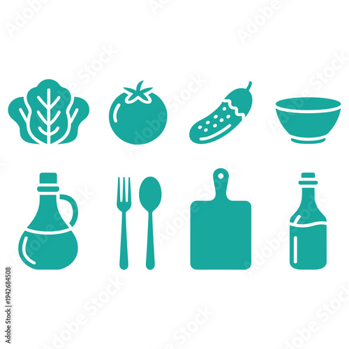 Collection of icons representing kitchen essentials and fresh ingredients for cooking