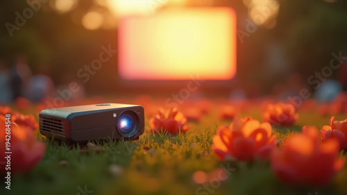 Summer outdoor cinema mockup with tiny screen projector and blooming flower audience on grass at dusk, bokeh warm golden light background