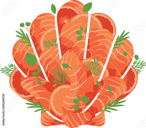 Smoked salmon slices arranged in scallop shell shape with herbs and capers for gourmet seafood appetizer presentation