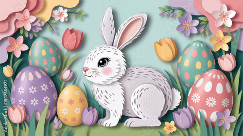 White easter bunny sitting amidst colorful eggs flowers and grass in spring