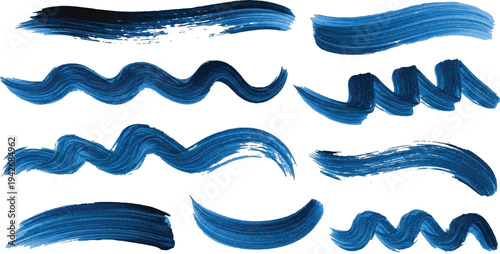 A set of textured, deep blue brush strokes and wavy paint lines. These hand-painted acrylic elements feature realistic bristle textures and flowing movements.