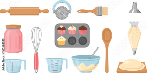 Baking Tools and Pastry Equipment Icon Set Featuring Rolling Pin, Whisk, Measuring Cups, Cupcakes, Dough, and Kitchen Utensils