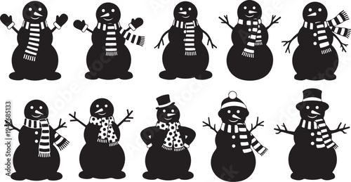 Silhouette Snowmen in Various Poses and Accessories Winter Fun
