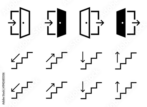 Exit and entry icon set. Open the door icon. Stairs direction icon. Staircase sign. Up and down arrow direction. Stairs up, stairs down icon.