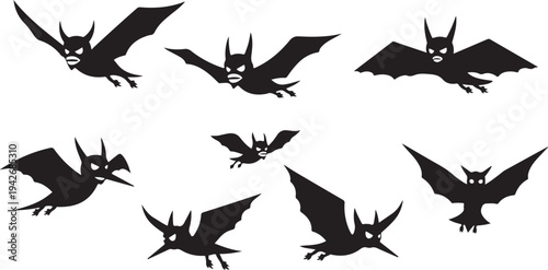 A dynamic collection of eight angry, stylized bat silhouettes in various aggressive flying poses.