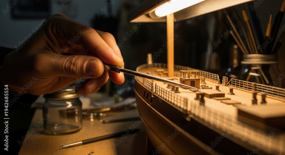 Obraz premium A persons hand holding a small tool next to a model ship on a workbench with various tools and a lamp