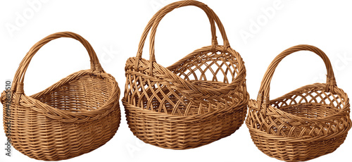 Set of three realistic brown wicker baskets with handles for picnic harvesting or home storage isolated on gray background