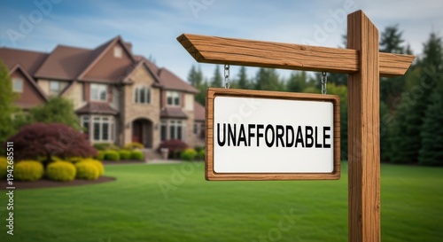 A large house with a sign in the front yard that reads unaffordable on a sunny day with green grass and blue sky