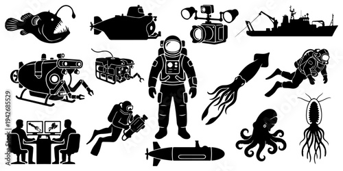 Set of deep sea exploration icons, underwater research equipment, submarines, divers, and marine life silhouettes isolated