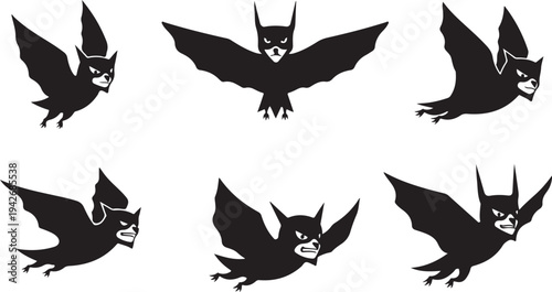 A collection of six aggressive and stylized black bat silhouettes in various flying poses. These hand-drawn character mascots feature angry expressions and sharp wings.