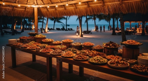 A long table laden with a variety of dishes at an outdoor buffet during evening